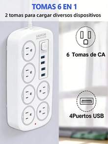 ONEEKA MOREKA Regleta Multicontactos Extensión De 4 Puertos Usb Y 6 Tomas - Blanco - Ver 2