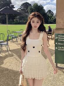 Cute & Sexy Girl Ribbed Knit Camisole, Sleeveless Design With Heart Embroidery, Suitable For Spring/Summer Layering Or Outerwear - Milky White - View 7