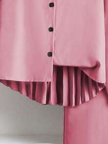 Left Mama Girls Casual Pleated Long Sleeve Shirt And Straight Leg Pants Set, Spring/Autumn - Pink - View 6