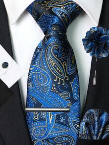 1/2/3/4/5 Stücke Set Herren Marineblau & Gelb Paisley Muster Krawatte, Einstecktuch, Silber Krawattennadel, Manschettenknöpfe und Anstecknadel, geeignet für Arbeitsplatz, Geschäft, Meetings, Hochzeiten, Abschlüsse und andere Anlässe. Tolles Geschenk für Herren Geburtstag, Thanksgiving, Weihnachten, Neujahr - Dunkelblau - Übersicht 19