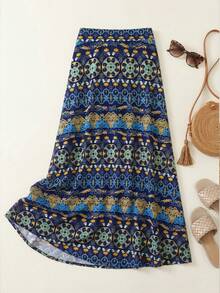 Spring/Summer New Elegant Ditsy Floral High Waist Skirt, Fashionable Bohemian Style Vacation Slimming Chiffon Skirt - Navy Blue - View 2