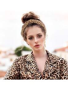 1 chiếc băng đô xoắn bằng polyester kiểu retro, họa tiết da báo và màu trơn, phù hợp cho mọi mùa, phụ kiện tóc khi đi du lịch. - Nhiều màu - Xem 8