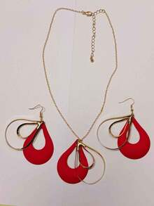 Bộ 3 món trang sức vòng cổ và khuyên tai kim loại hình giọt nước tối giản, thiết kế thanh lịch dành cho nữ - Đỏ - Xem 11