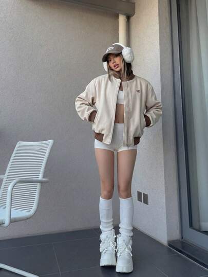 SAOYANGYU Women's Casual Daily Patchwork Contrast Color Ribbed Baseball Jacket, Small Badge Decor, Loose Fit Zip-Up Jacket, 270G Woven Fabric Spring