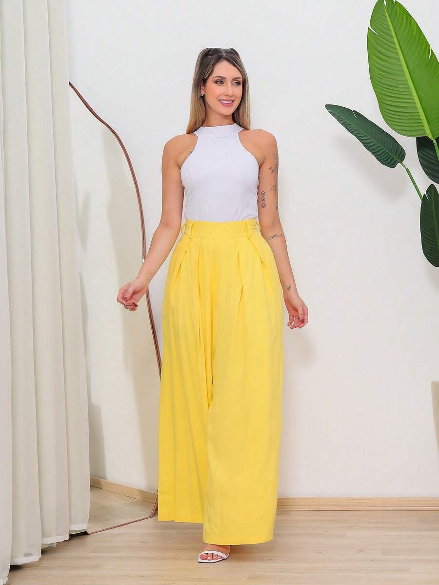 Women's Wide Leg High Waist Wide Leg Pants - Yellow - View 1