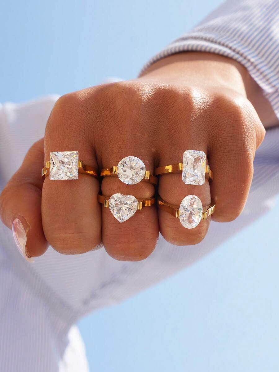 1 chiếc nhẫn nữ cỡ lớn đính đá Zirconia lấp lánh, mạ vàng 18k, chất liệu thép không gỉ (hình trái tim/tròn/chữ nhật/hình oval), nhẫn cưới kim cương lớn chống thấm nước, ít gây dị ứng, trang sức phong cách Y2K Hip Hop, món quà lý tưởng cho tiệc tùng, đám cưới, dạ hội, đeo hàng ngày, Ngày Valentine, sinh nhật, Giáng sinh, kỷ niệm, phù dâu, tiệc độc thân.