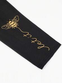 女士高腰紧身瑜伽裤，蜜蜂图案，透气柔软弹力面料，适合夏季休闲通勤穿着 - 黑色 - 查看 6