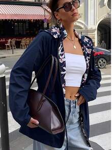 Giolshon 女士米黄色双面连帽外套 - 双面印花设计，休闲时尚，适合日常叠穿和春季度假穿着 - 藏蓝色 - 查看 4