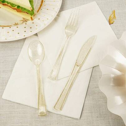 一套闪亮金色可重复使用沙拉餐具（刀、叉、勺），适用于派对、户外活动、家庭聚会、婚礼、节日、蛋糕和沙拉等场合。