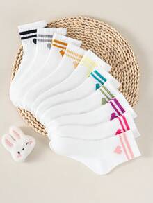 1/5/10 Đôi tất trẻ em họa tiết sọc đôi hình trái tim, chất liệu jacquard, mềm mại và thoáng khí, phù hợp cho mọi mùa, tất đi học unisex cho bé trai và bé gái, trang phục ngày Valentine. - Nhiều màu - Xem 4