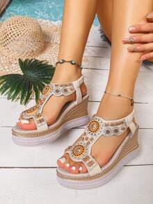 Women's New Elegant Bohemian Style Wedge Slip-On Sandals, Hard-Wearing Non-Slip Comfortable Platform Sandals For Spring/Summer - Beige - View 2