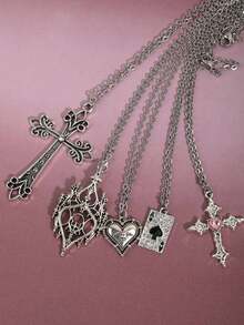 Set de 5 collares con colgante de cruz, corazón y pica estilo gótico para mujeres - Plateado - Ver 4
