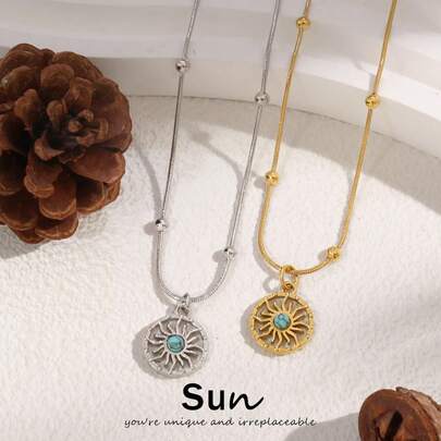 1件装不锈钢天然绿松石太阳吊坠项链，女士时尚18K镀金珠链项链，珠宝礼品