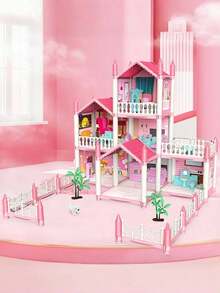 Juego de casa de muñecas con 4/5/7/9/11/14 habitaciones con muebles y accesorios, ensamblaje DIY de castillo de princesa para niños, regalo de cumpleaños para niños de 5/6/7/8/9+ años - Rosa - Ver 7