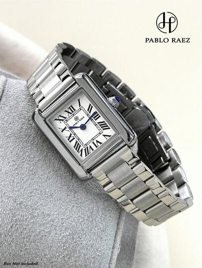 Relógio feminino clássico Pablo Raez em aço inoxidável, 1 peça, cor de joia prateada, qualidade AAA, luxo superior, novo design de moda, elegante, retro, retangular, deslumbrante, mostrador branco com algarismos romanos, relógio de quartzo, relógio quadrado popular para rapariga, resistente à água até 50 m, pulseira de aço maciço com fecho borboleta de botão, relógio feminino casual e giro, belo presente para professora, rapariga, amiga, mãe, adequado para o dia a dia/trabalho/decoração de festa, aniversário, formatura, presente de casamento