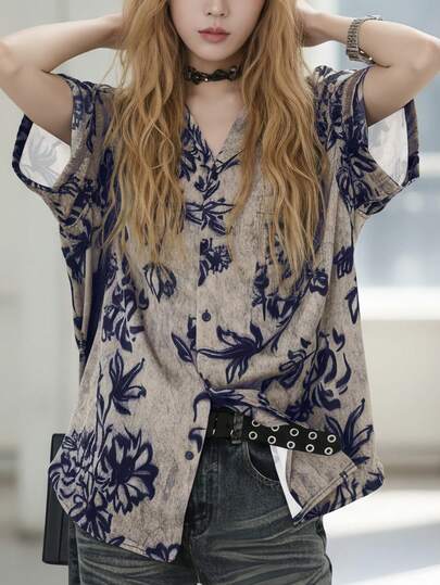 Áo kiểu nữ thanh lịch họa tiết hoa toàn thân mùa xuân/hè, kiểu dáng rộng rãi, cổ điển, thích hợp mặc hàng ngày, đi du lịch, phong cách đường phố hip-hop.