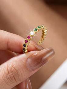 1pc Rainbow Zirconia 925 Sterling Silver Ring, Lightweight & Delicate, Suitable For Daily Wear And Dates - Gold - View 1