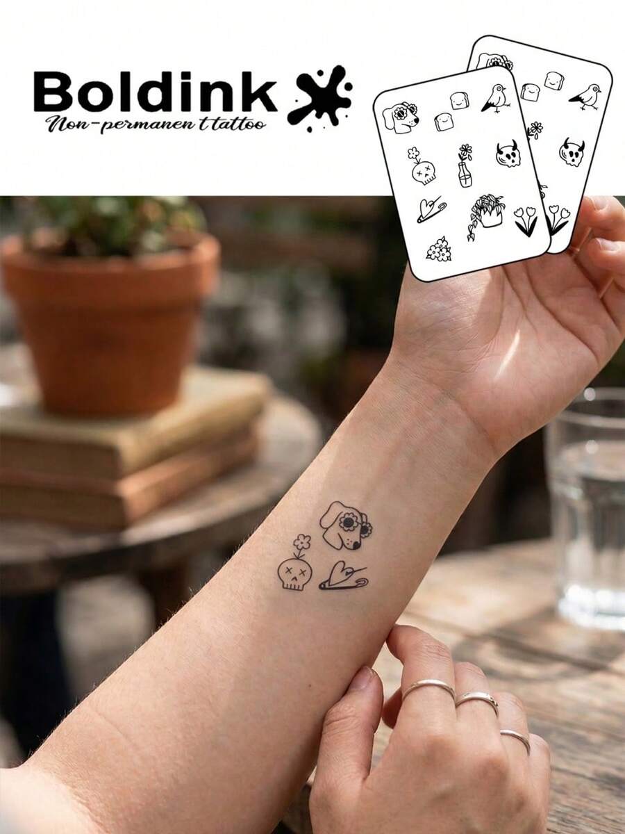 Bộ 2 hình xăm tạm thời Boldink nhỏ hình thảo mộc ngọt ngào, hình xăm nghệ thuật cơ thể chống thấm nước, giữ được 1-2 tuần, hình xăm nước ép trái cây, trang trí cơ thể lý tưởng cho mùa thu/đông, quà tặng Ngày Valentine được yêu thích dành cho các cô gái, món đồ không thể thiếu cho những người dẫn đầu xu hướng. - màu đen - Xem 1
