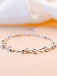 1 chiếc vòng tay bạc S925 thời trang, sáng tạo, đa năng, lãng mạn, tinh tế, hai lớp đính hạt hình ngôi sao, thích hợp cho phụ nữ đeo hàng ngày và làm quà tặng. - Bạc - Xem 3