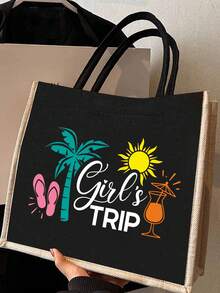 Bolso de tela con estampado tropical "Girl's Trip" y estuche a juego para maquillaje, bolso de lona con estampado de palmeras, sol y chanclas para playa y vacaciones, bolso de yute reutilizable - Multicolor - Ver 3