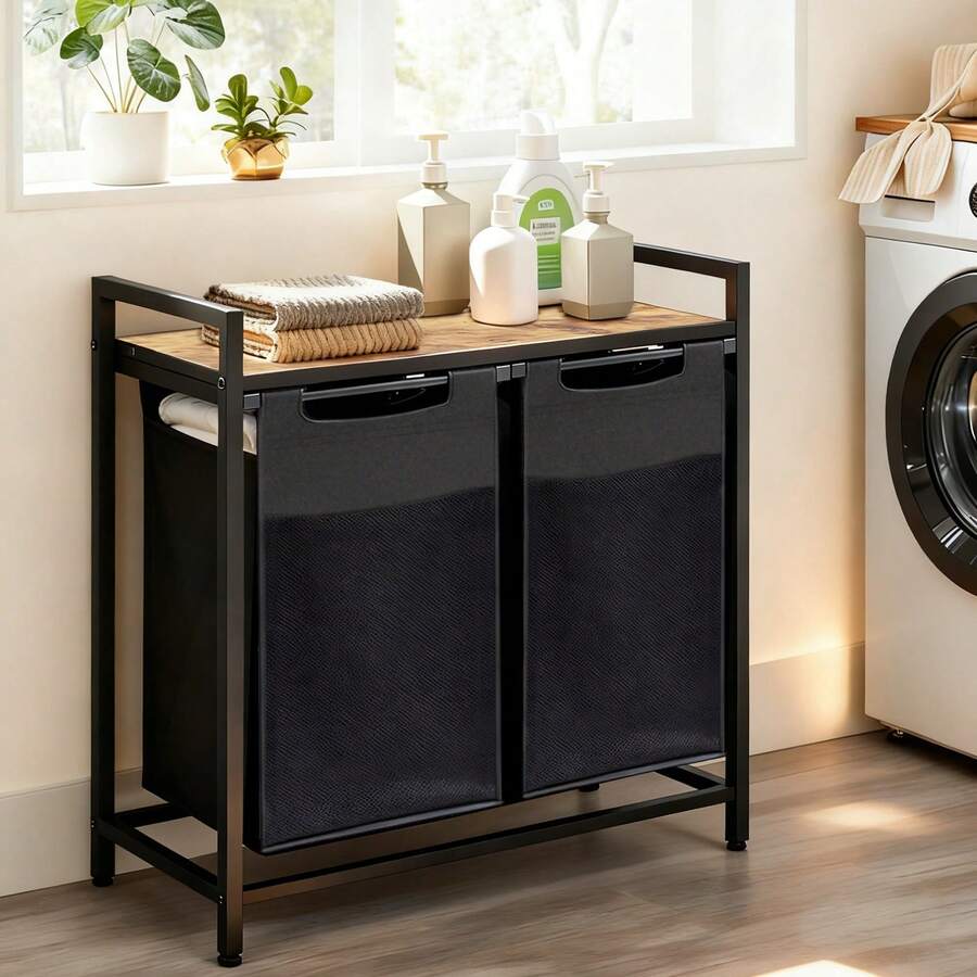 Wäschekorb, Wäschesammler mit Ablage, Wäschebox, Wäschesack aus Oxford-Gewebe abnehmbar, Metallrahmen, 92L Schwarz - Schwarz/2 Fächer - Übersicht 1