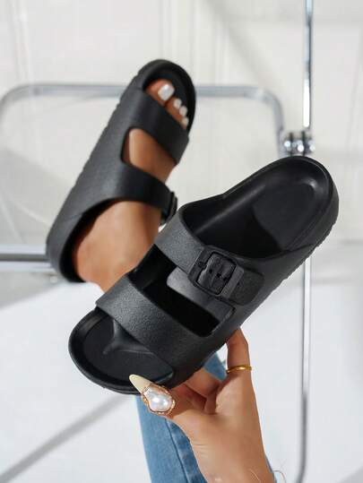 Teens' Summer Solid Color Casual Comfortable Soft Bottom Slippers, Double Strap Adjustable Design, Beach Bathroom Pool Open Toe Flat Sandals