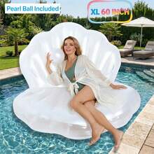 60-Inch Giant Inflatable Seashell Pool Float, Large Clam Raft For Adults, Heavy Duty PVC, Removable Pearl Ball Included, Ergonomic Shell Lounge Chair, Swimming Pool, Outdoor Backyard Party, Aesthetic Photo Prop, Bachelorette, Summer Beach Lake Ride-On - trắng - Xem 1