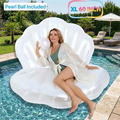 60-Inch Giant Inflatable Seashell Pool Float, Large Clam Raft For Adults, Heavy Duty PVC, Removable Pearl Ball Included, Ergonomic Shell Lounge Chair, Swimming Pool, Outdoor Backyard Party, Aesthetic Photo Prop, Bachelorette, Summer Beach Lake Ride-On