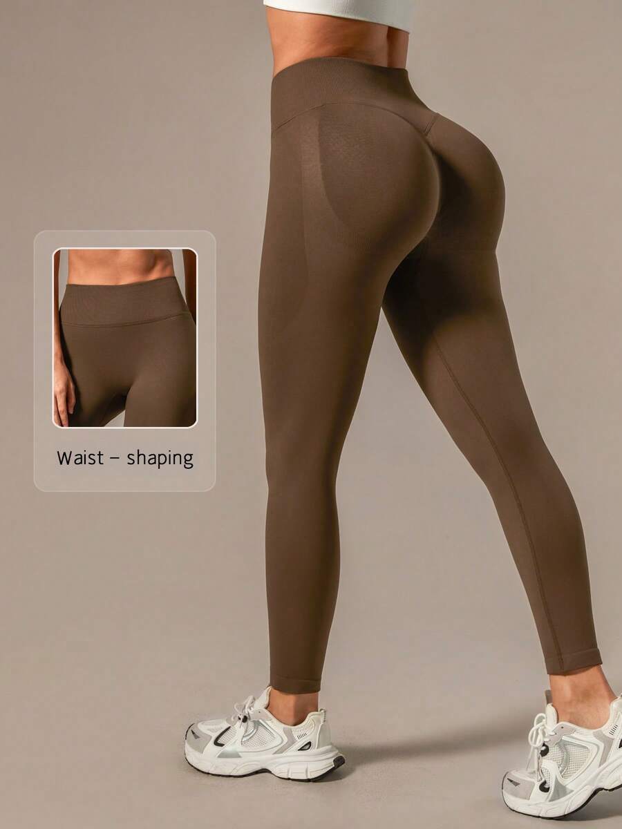 NcmRyu Women's Ono Pc Seamless Ribbed Solid Color High Waist Elastic Slim Fit Leggings - Mocha Brown - View 1