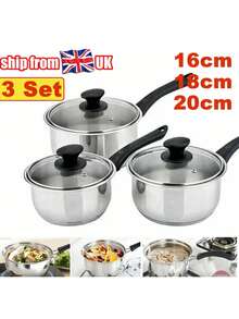 Set Of 3 Stainless Steel Non-Stick Cookware Set With Glass Lids (16cm 18cm 20cm), Induction Gas Electric Stove Suitable, Multipurpose Kitchen Cooking Pot Pan Set - View 2