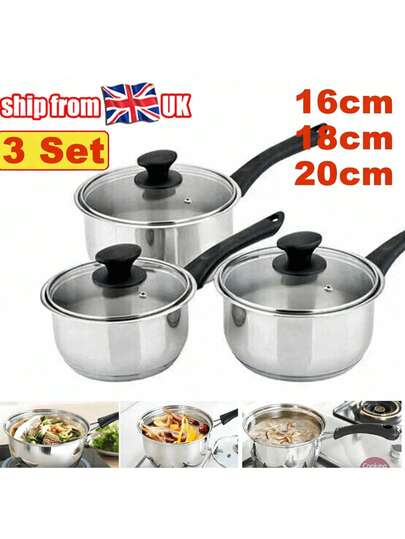 Set Of 3 Stainless Steel Non-Stick Cookware Set With Glass Lids (16cm 18cm 20cm), Induction Gas Electric Stove Suitable, Multipurpose Kitchen Cooking Pot Pan Set