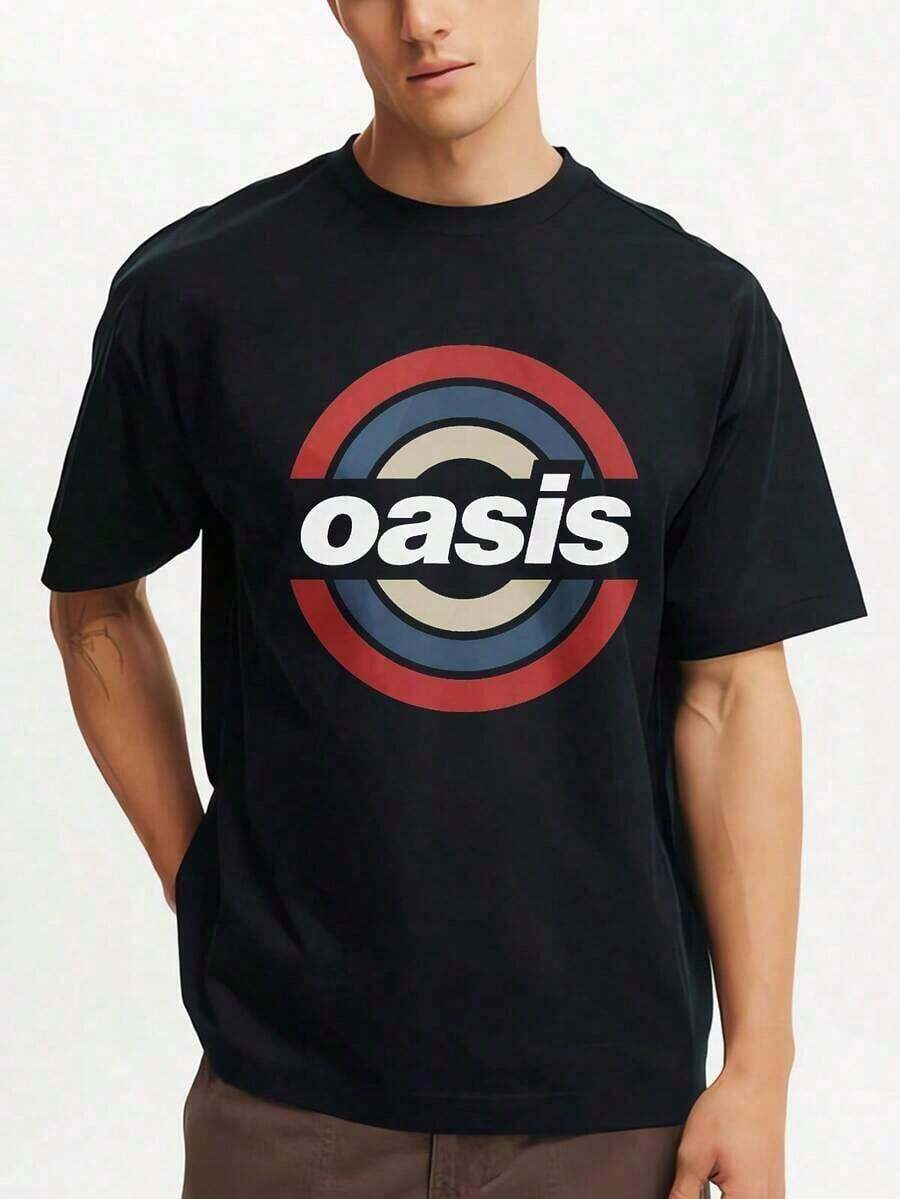 Oasis Logo Target Design Print Printed Premium T-Shirts Summer Short Sleeve Tees Casual Tops - Black - View 1