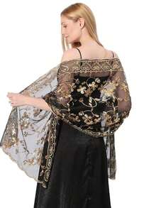 1pc Fashionable Elegant Handmade Knitted Shawl With Sequined Heart And Flower Design For Women, Great For Evening Parties, Stage Performances And Daily Wear Accessories Women Valentine's Day Valentines - Black Gold - 查看 2