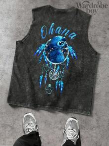 Disney Men's Washed Cotton Sleeveless Printed Vest, Cartoon Stitch Pattern Printed Vest, Suitable For Both Men And Women, High-Quality Pure Cotton Vest, Suitable For All Seasons, Comfortable And Breathable | Exquisite Design | The Best Choice For Gift Giving - màu đen - Xem 2