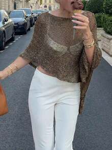 FOR BEAUTY Summer New Women's Solid Color Ribbed Light Apricot Knit Cardigan, Asymmetric Hem Design, Fine Shiny Texture Knit, Lightweight & Breathable, Slightly Loose Fit Suitable For Various Body Types, Vacation & Beach Casual Style Top - 棕色 - 查看 3