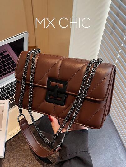 1 pieza Bolso cuadrado de moda nuevo de PU, bolso de hombro versátil de unicolor con cadena para mujeres