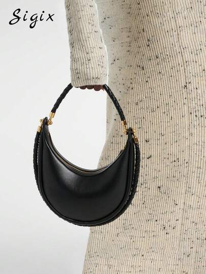 Woven Crescent Handbag For Women, New Stylish Commuting OL Work Tote Bag, Versatile High-End Black Hobo Half-Moon Shoulder Bag