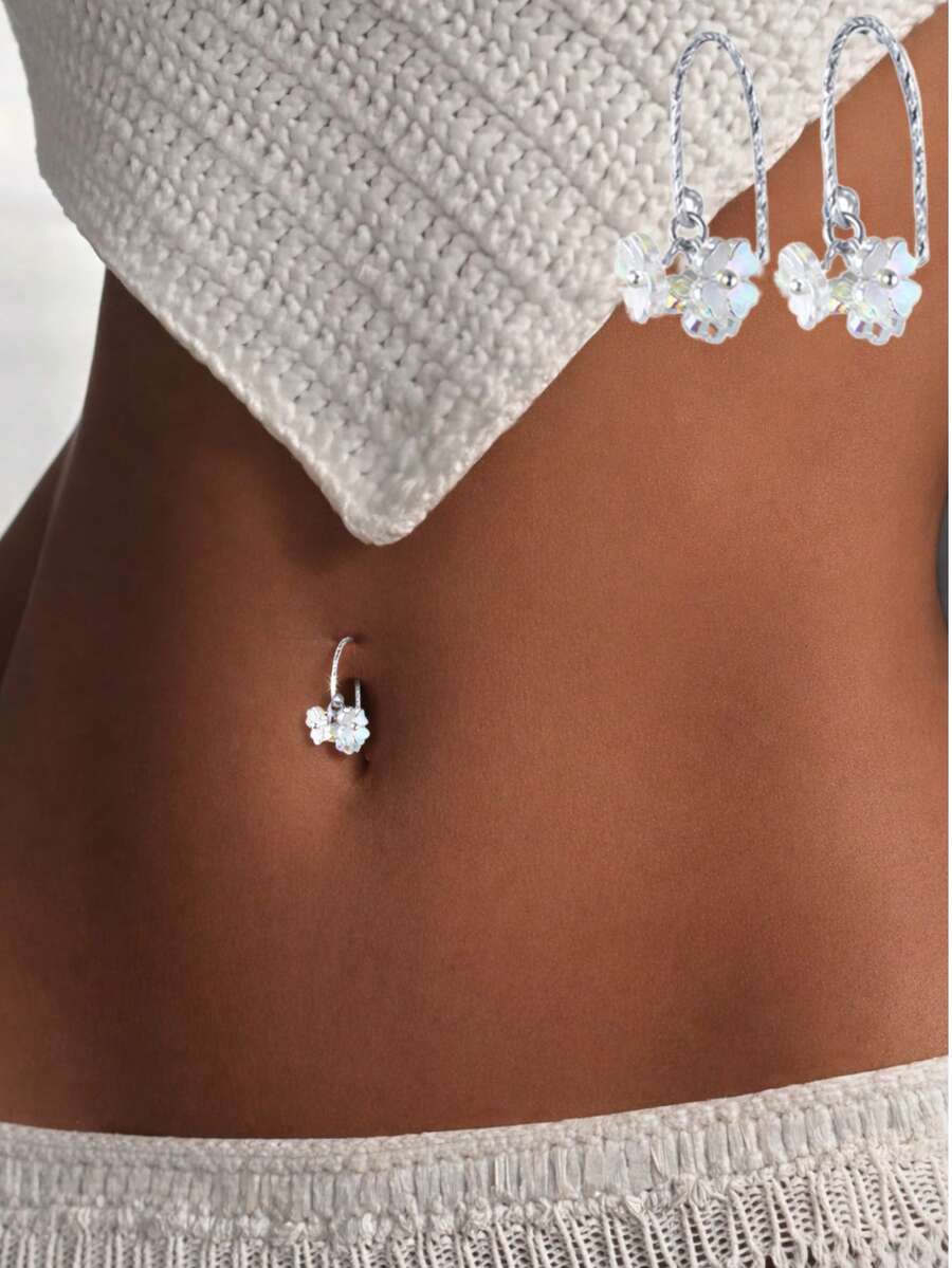 1件S925纯银性感肚脐钩，合成四瓣花肚脐饰品 - 單隻 - 查看 1