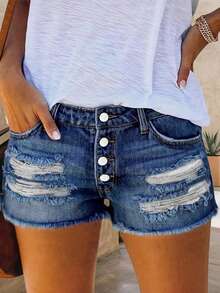 Women's Fashionable Distressed Washed Denim Shorts, Spring/Summer - Blue - View 2