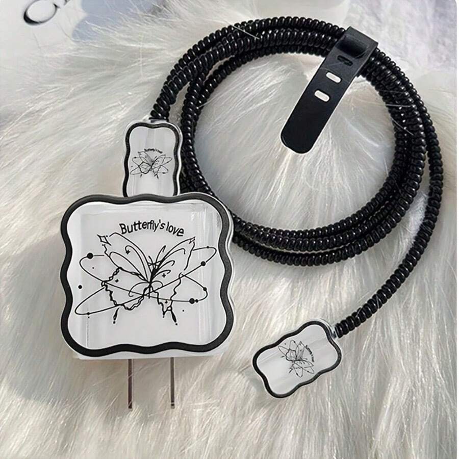 黑色蝴蝶图案苹果数据线充电盒，兼容苹果18W-20W充电器。 - 無色 - 查看 1