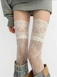 Vớ ren cao đến đùi màu trơn kiểu mới dành cho nữ mùa thu/hè, vớ qua đầu gối cho nữ, vớ dài kiểu Lolita cho bé gái, vớ bốt dài. - Nhiều màu - Xem 1