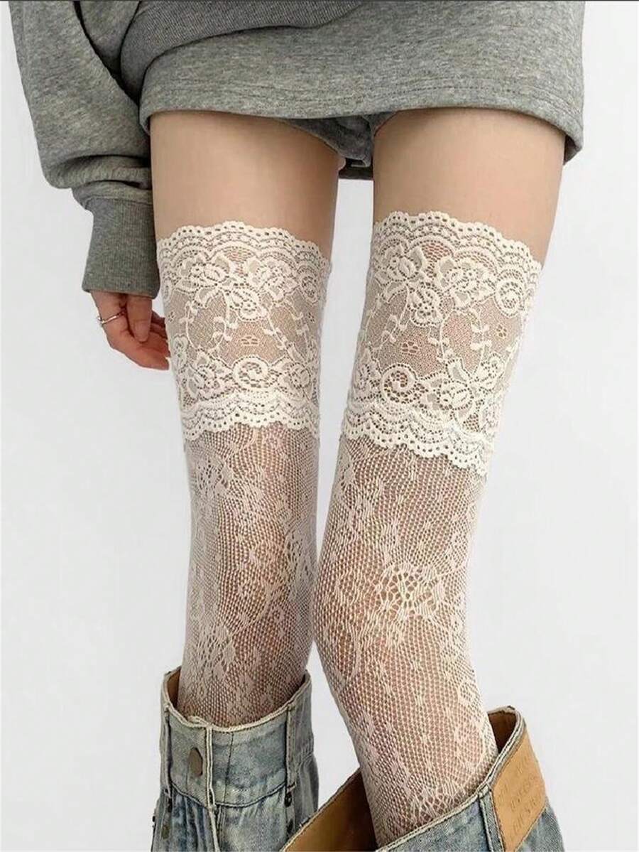 Vớ ren cao đến đùi màu trơn kiểu mới dành cho nữ mùa thu/hè, vớ qua đầu gối cho nữ, vớ dài kiểu Lolita cho bé gái, vớ bốt dài. - Nhiều màu - Xem 1