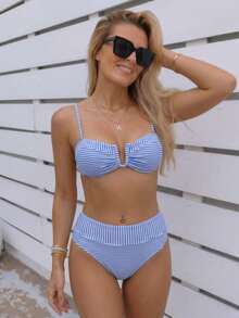 Bộ bikini August Vacation dành cho nữ, thanh lịch, kẻ sọc xanh trắng, thiết kế buộc dây cạp cao, gợi cảm, thích hợp cho kỳ nghỉ biển. - Xanh và trắng - Xem 2