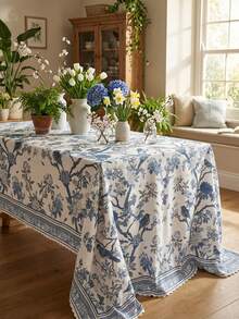1pc Vintage Blue And White Rectangular Tablecloth, Classic Porcelain Floral Oriental Design, Polyester 100%, Machine Made Woven, Spring & Summer Farmhouse Decor, French Country Printed Table Cover - Multicolor - View 1