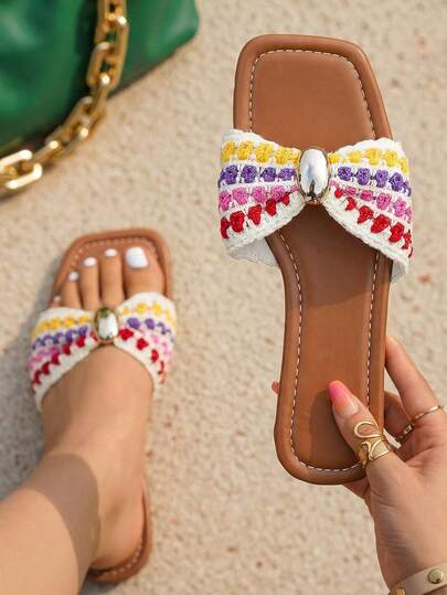 planare New Women's Fashionable Summer Minimalist Knitted Colorful Fabric Brown Flat Slide Sandals, Slip-On Square Toe, Suitable For Daily, Vacation And Casual Occasions