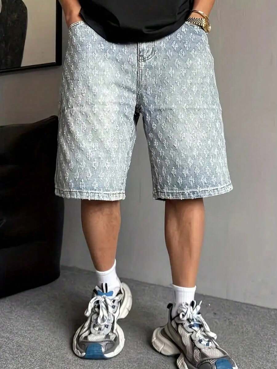 Teen Boys American Fashion Jacquard Denim Shorts - Light Wash - View 1