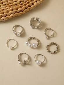 imoli Set de 8 piezas de anillos de aleación de zinc con línea envuelta y perlas de imitación CCB, adecuados como anillos apilables casuales y de moda para regalo diario de mujeres - 30520-anillo-S - Ver 5
