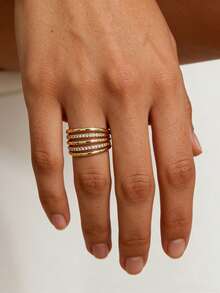 1-3枚开口立方氧化锆订婚戒指套装，叠戴精致婚礼日常佩戴戒指，粗款女士戒指 - 金黃色 - 查看 4