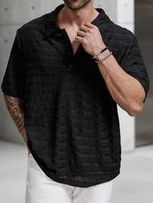1pc Men's Black Striped Textured Polo Shirt, Collared Short Sleeve Button-Up Casual Versatile Top, Elegant For Holiday Parties, Suitable Gift For Father, Boyfriend, Dad, Friends - Black - View 4