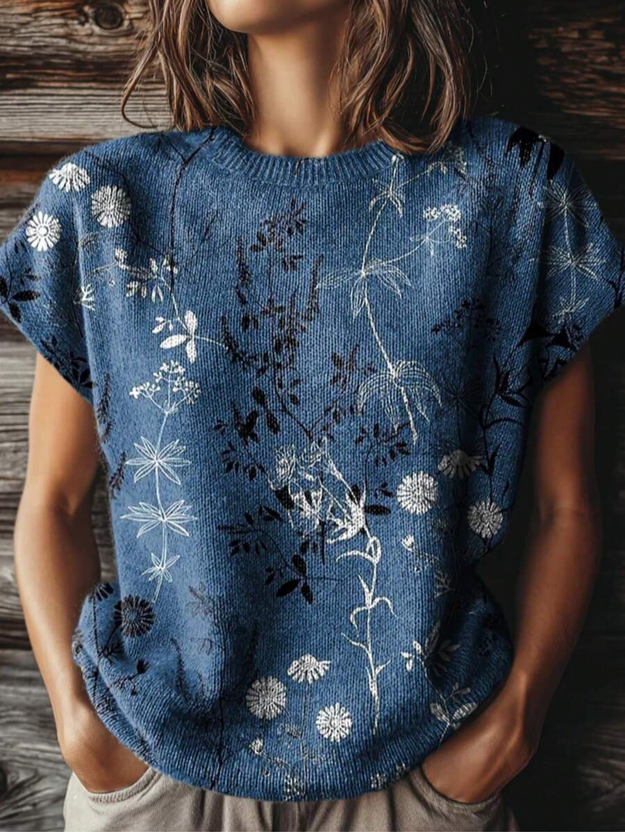 (Free Shipping)2026 New Arrival Women's Retro Colorblock Print Crew Neck Loose Knit Top;Summer Tops;Summer Outfits For Women;Summer Clothes - 混合色5 - 查看 1